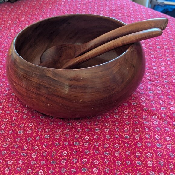 MCM Blair Hawaii Koa Wood Serving Bowl 2 Spoons Signed Midcentury Vintage Acacia - Picture 11 of 12
